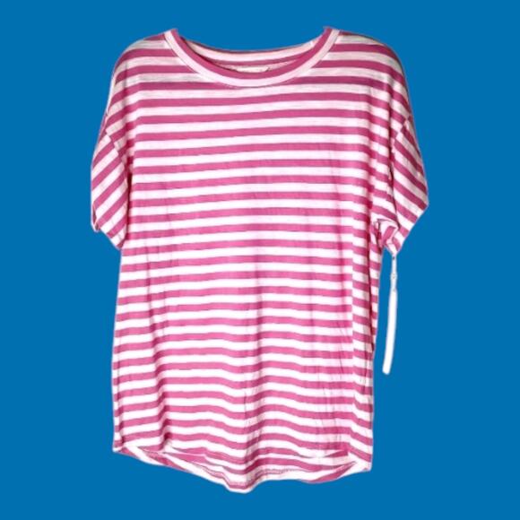 Caslon Pink & White Candy Striped Medium Shirt Bow Sleeves Valentine Tunic Top - Picture 1 of 9